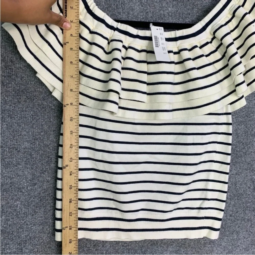 J. Crew Black and White Striped Off-Shoulder Ruffle Knit Top